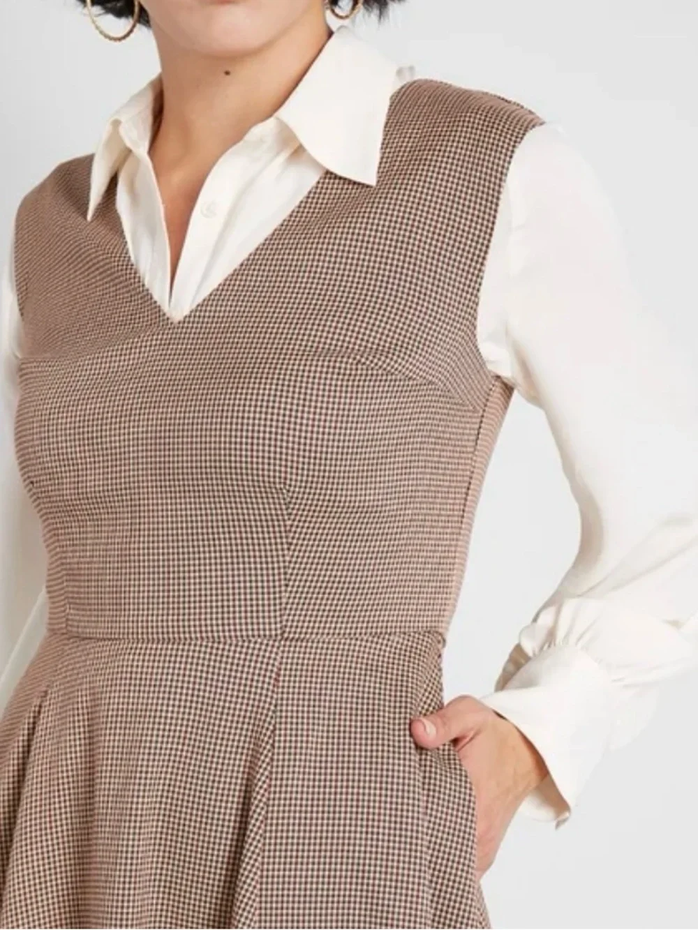 ModCloth brown houndstooth Decision Maker sleeveless retro midi dress size 8 - Picture 2 of 9